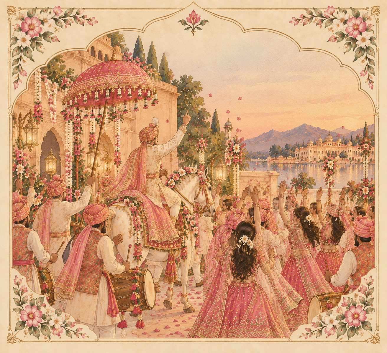 Royal Baraat with a white horse and umbrella