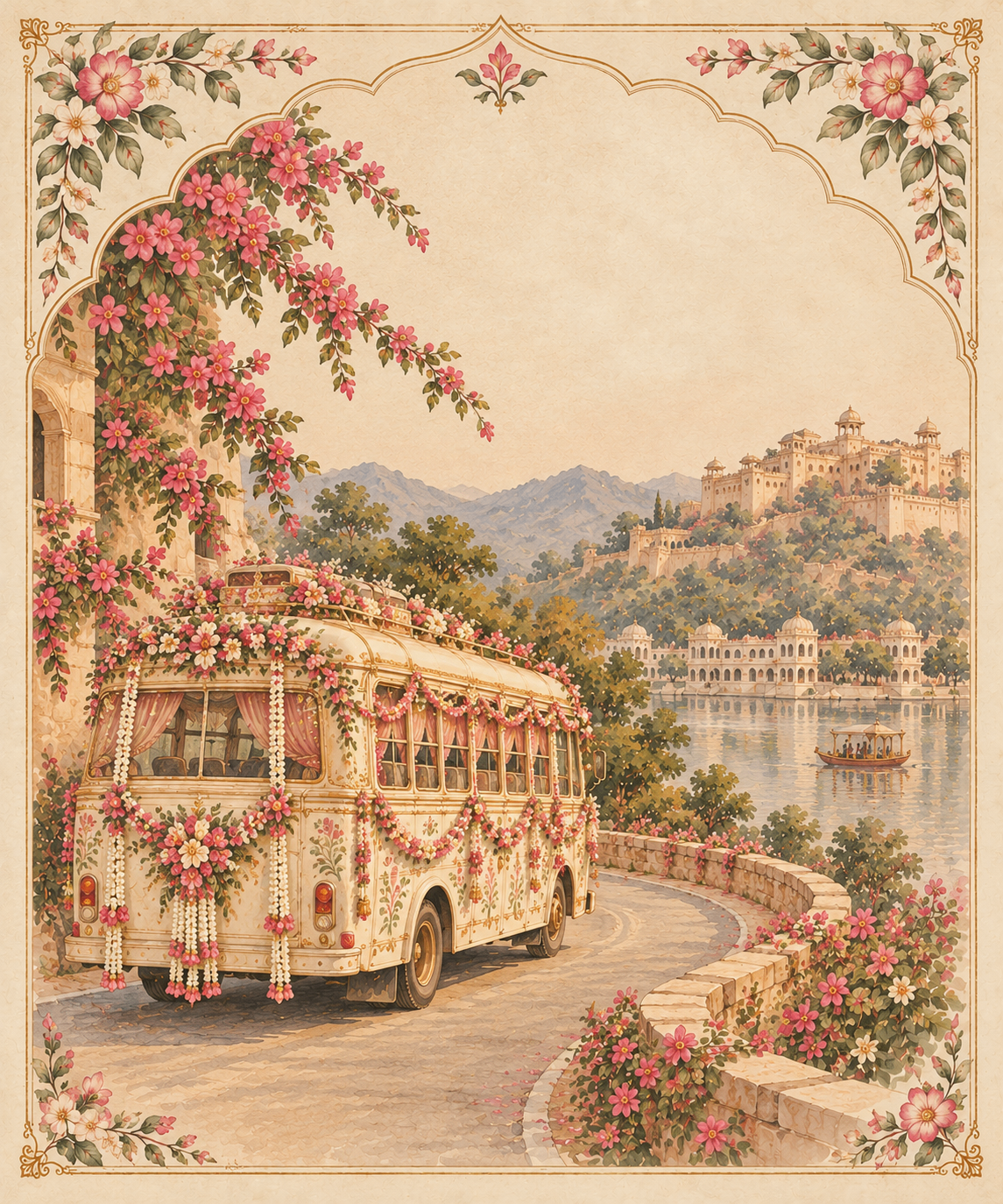 Decorated wedding bus winding through the Aravalli hills