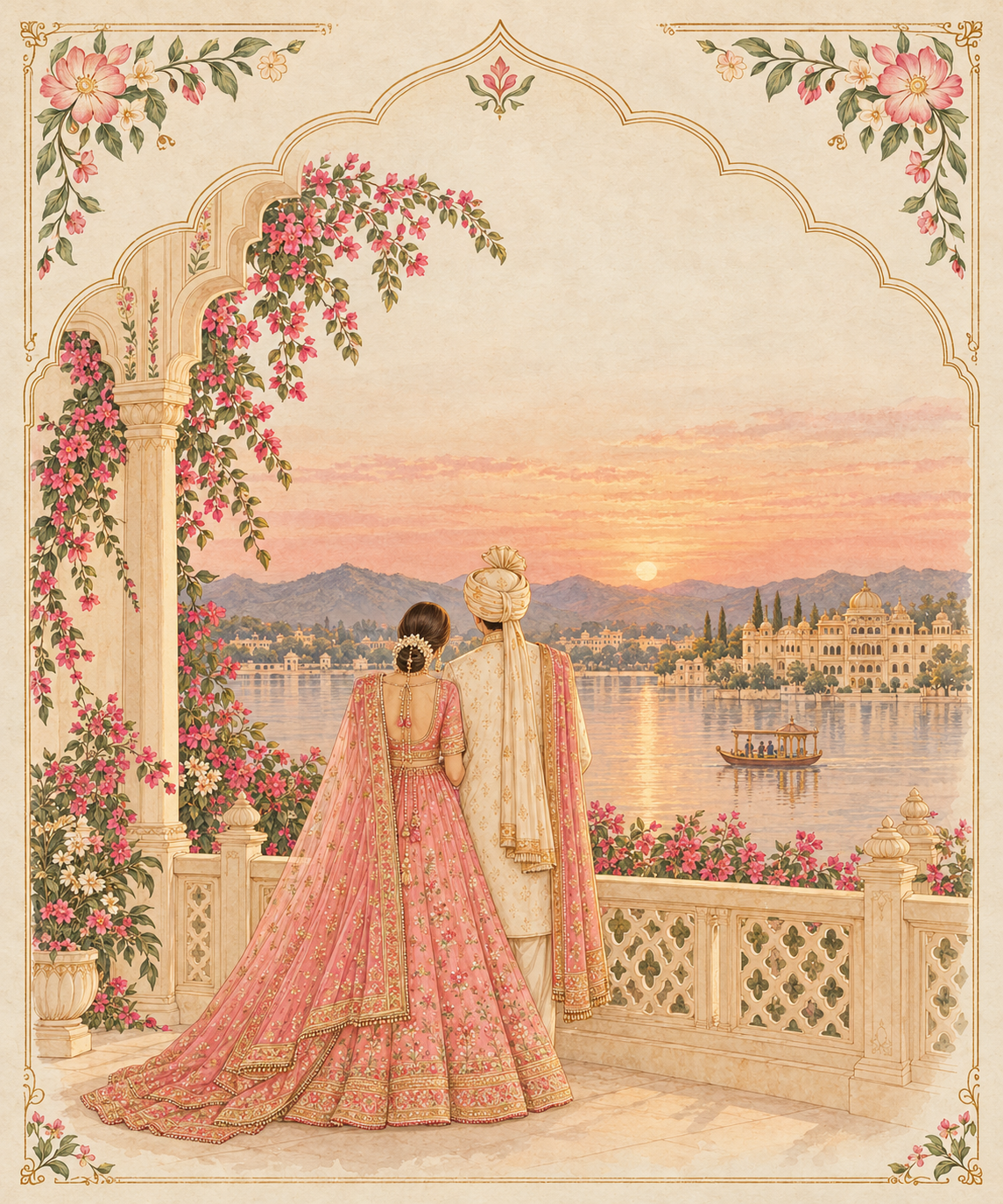Naina and Gaurav overlooking a palace lake at sunset