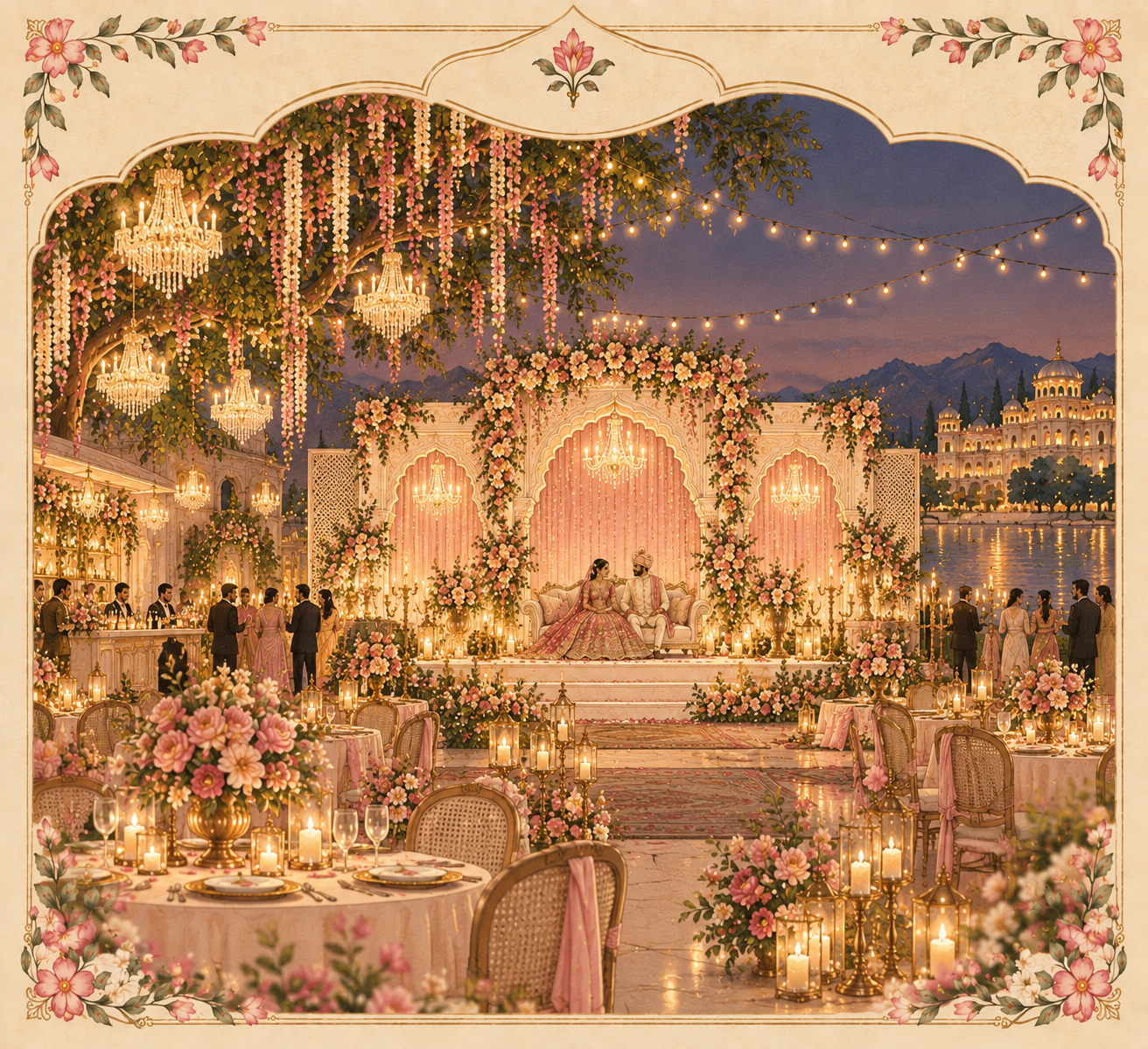 Royal lakeside reception beneath glowing chandeliers