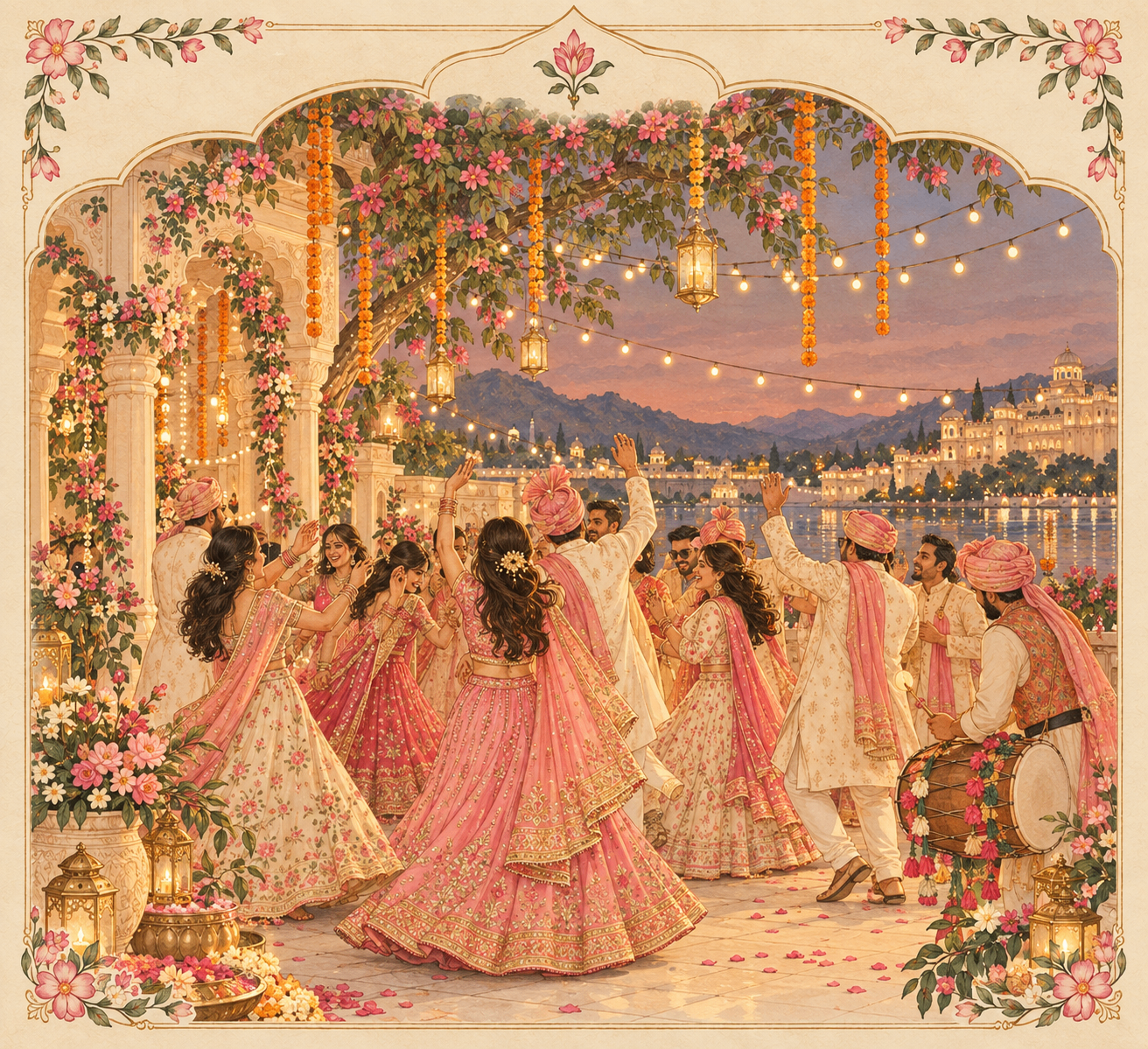 Friends and family dancing beneath lanterns at the Sangeet